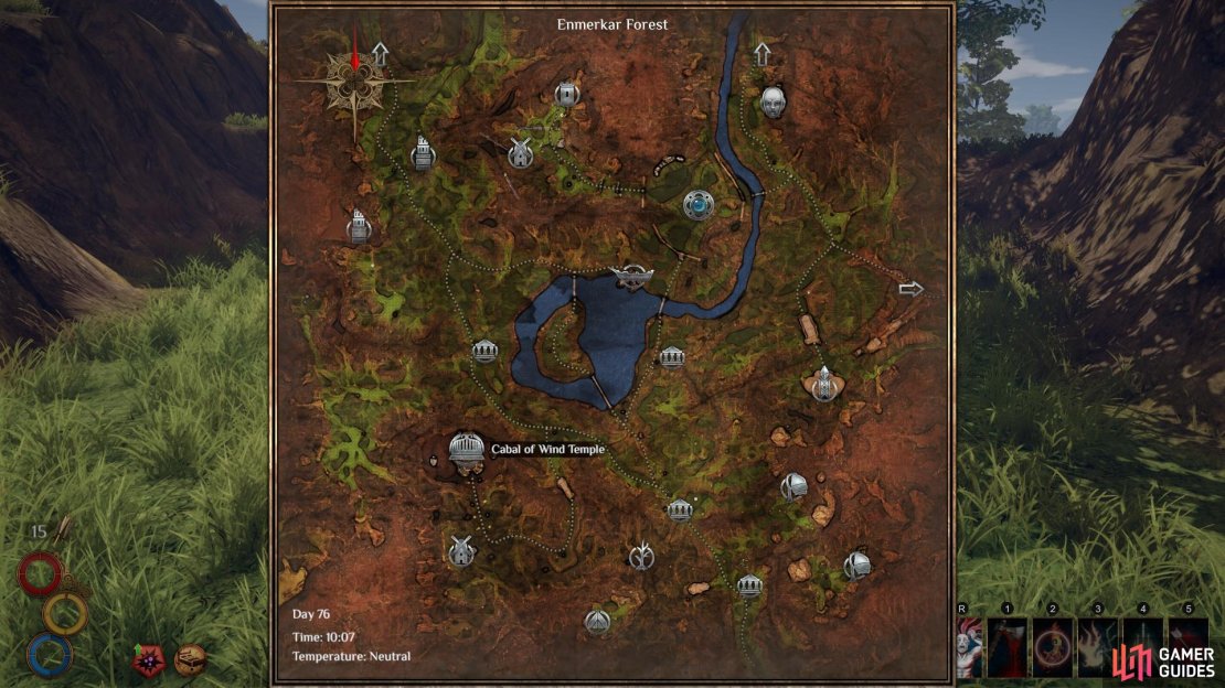 The location of the  Cabal of Wind Temple on the Enmerkar Forest map.
