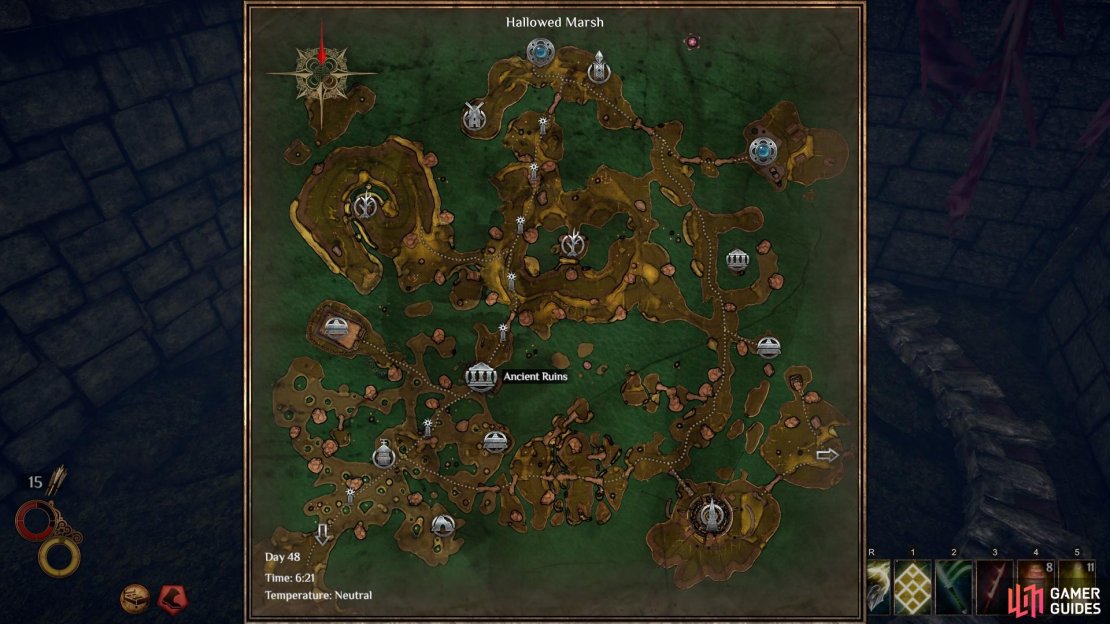 The location of the Flooded Cellar on the Hallowed Marsh map. Follow the Pilgrim Road south, beyond the Huge Tree.