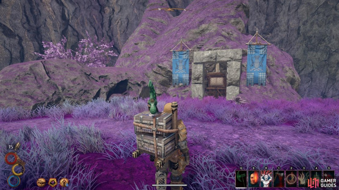 The entrance to the Blue Chamber&rsquo;s Conflux Path, marked by two blue banners.
