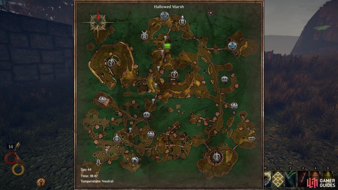The location of the Hallowed Lotus on the Hallowed Marsh map, marked here by a green square.