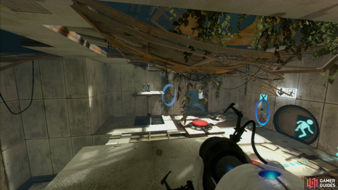 Lay your portal on any nearby wall you like and you&rsquo;ll reappear on the platform opposite the Companion Cube. Fire a portal at the wall right behind the cube and turn around to face the Cube.
