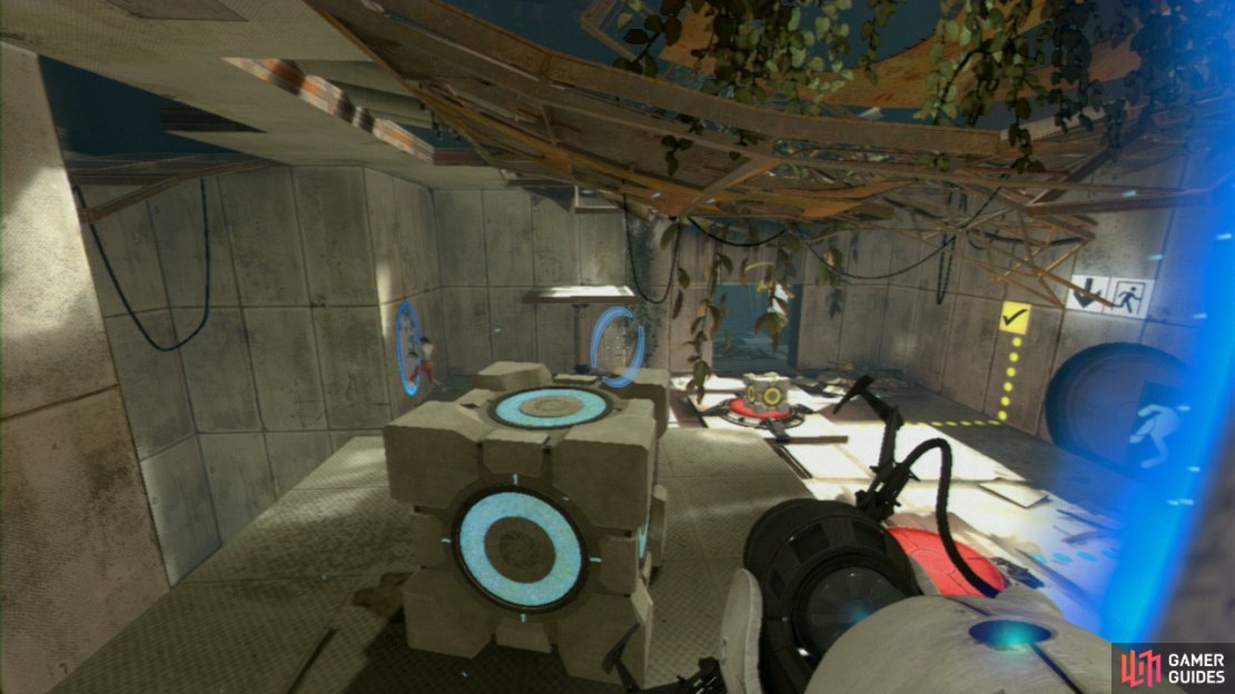 Turn to your right and stick your head over the ledge and you&rsquo;ll spot a Cube chilling out on its own. Fire a portal over it and it&rsquo;ll drop down onto the platform to your left.