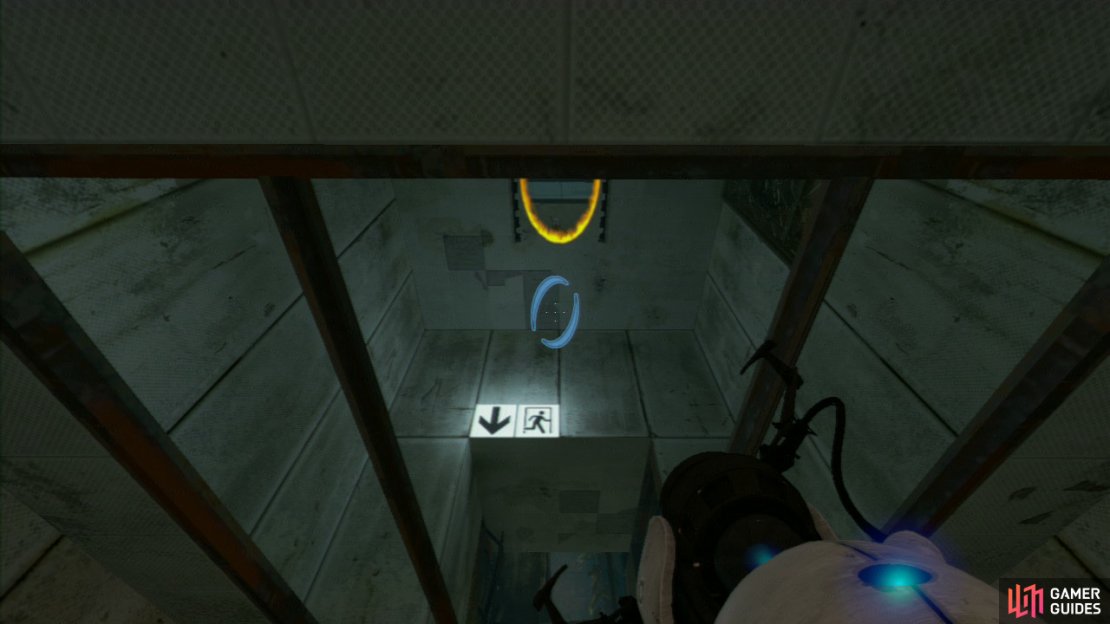 Wondering where to go in the exit? Simply drop a portal by your feet and you&rsquo;ll drop through the roof above. Walk up the broken glass and take the left towards the lift to the next test chamber.
