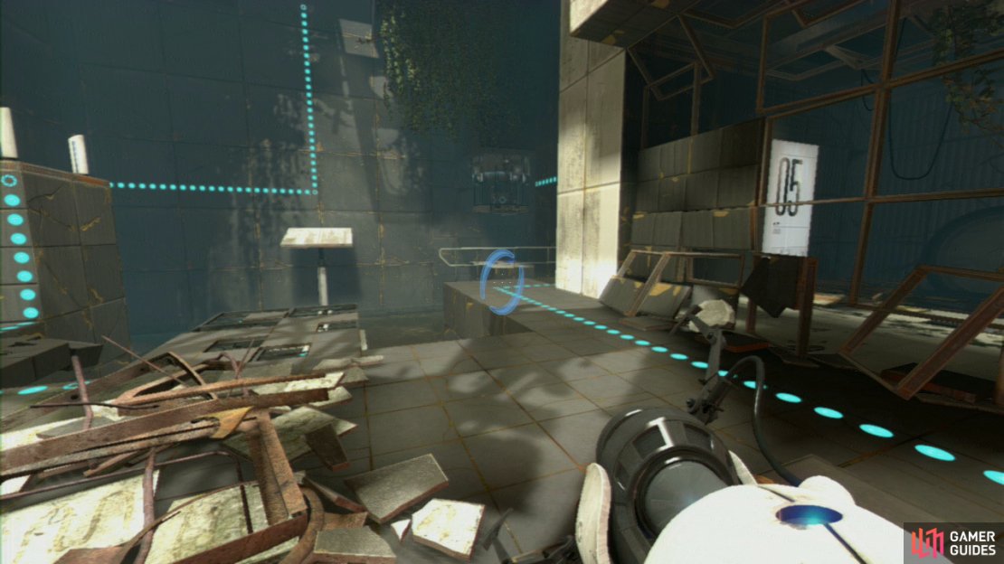 There&rsquo;s a Companion Cube in a delivery chute located in the top right-hand corner of the room. Fire your portal at the ground below it and then press the red plunger button behind you.