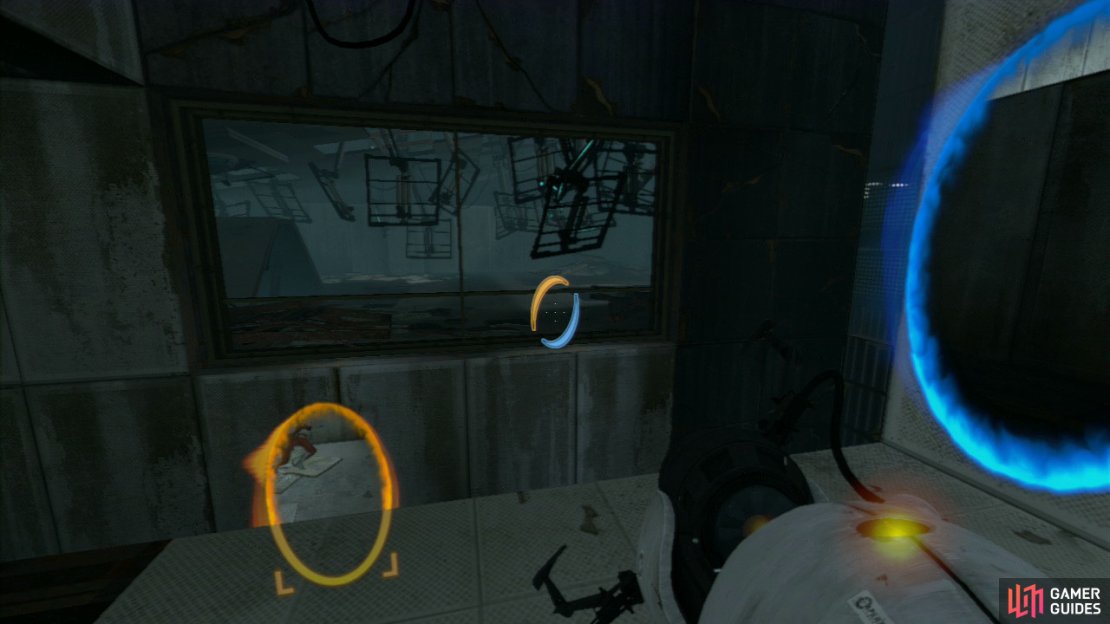Around the next corner there&rsquo;s a platform up to your right, so set a portal up here and the second one on the wall to your left. Now fire the exit portal through the broken bit of glass into the room directly opposite.