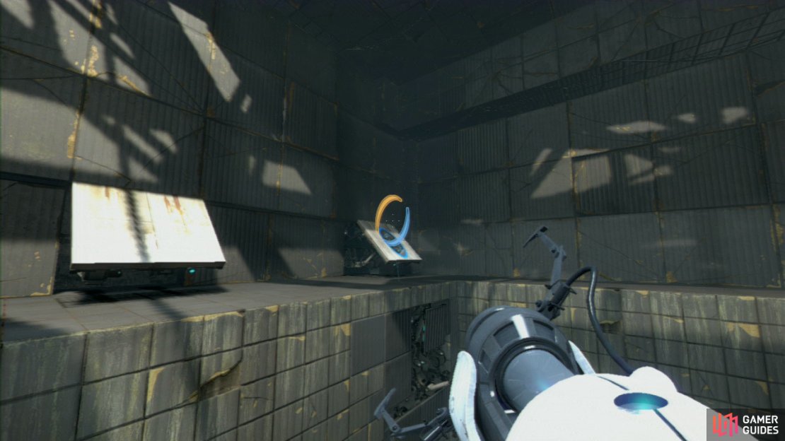 At the top you&rsquo;ll notice two angled walls on your left. Fire a portal at the angled wall farthest away and then drop back down towards the Companion Cube.