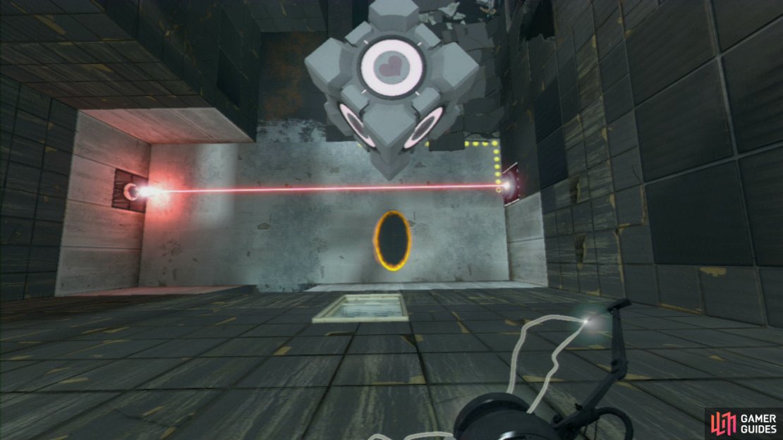 Look for what colour the portal is below you and change its location so it&rsquo;s facing upwards. Pick up the Companion Cube and fall down towards the portal, you&rsquo;ll fly out of the angled wall towards the red button.