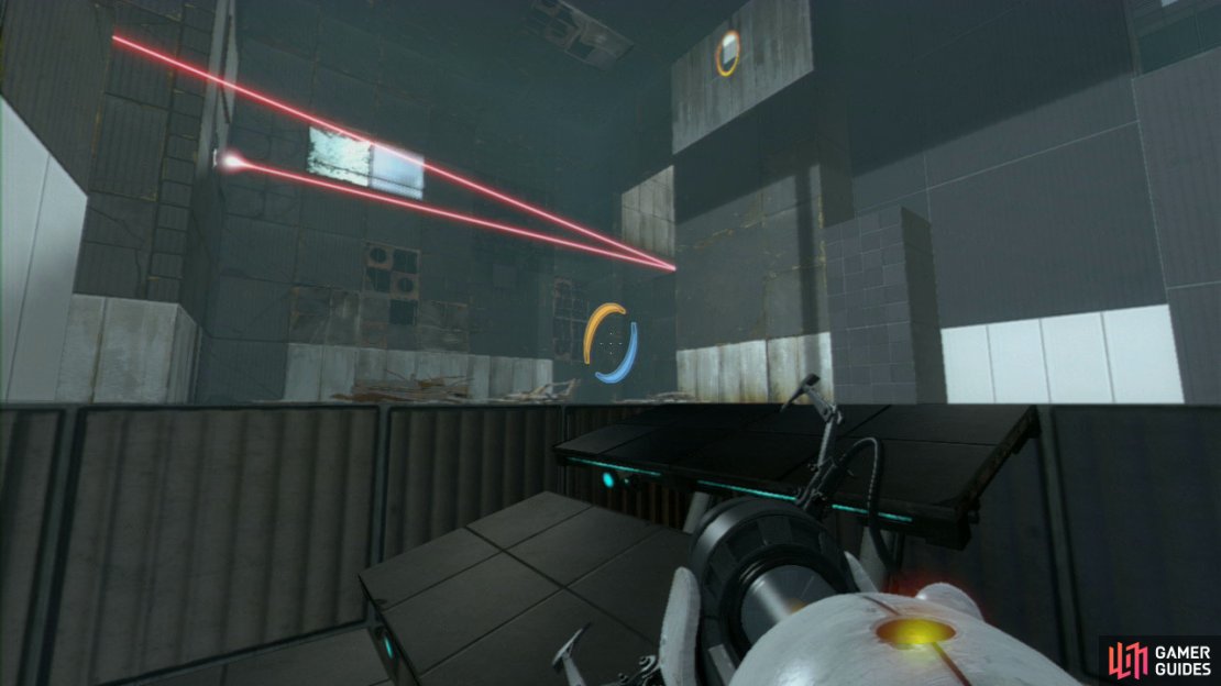 Set the Cube down and fire a portal into the panel with the blue target painted on it (it&rsquo;s directly above some jump plates). Now turn around and look back up to where the wall camera is. Set the exit portal in the top-centre of this wall, then pick up the Cube and drop it on the jump plates.