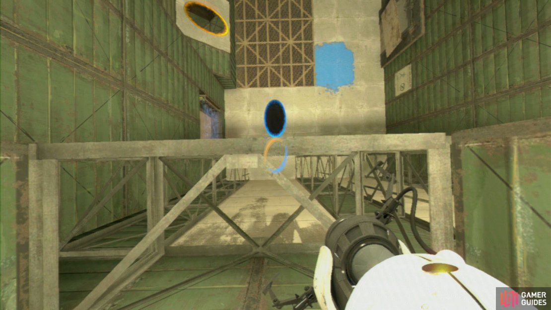 From here, place another portal on the slanted wall and then drop down (firing an entrance portal in front of you before you hit the ground). You&rsquo;ll fly up to the blue gel and get bounced up to the next part of the chamber.
