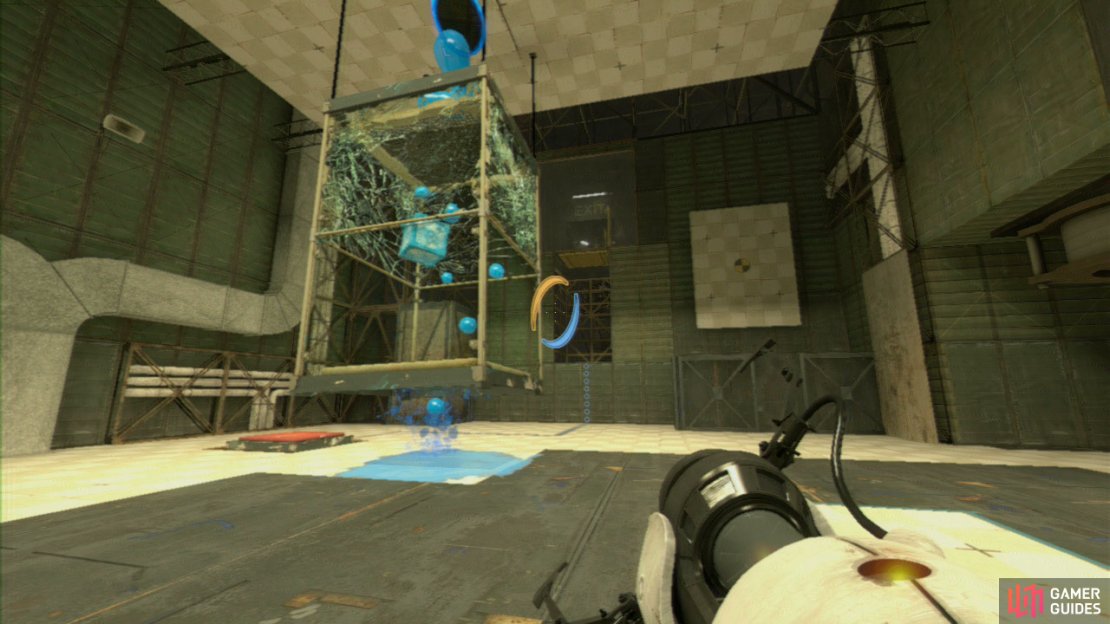 Notice the Wooden Test Cube in the suspended glass container? Fire an exit portal directly above it (on the ceiling) and then place your entrance portal right underneath the blue Repulsion Gel pool. This&rsquo;ll coat the Cube in gel, making it bounce around and break out.