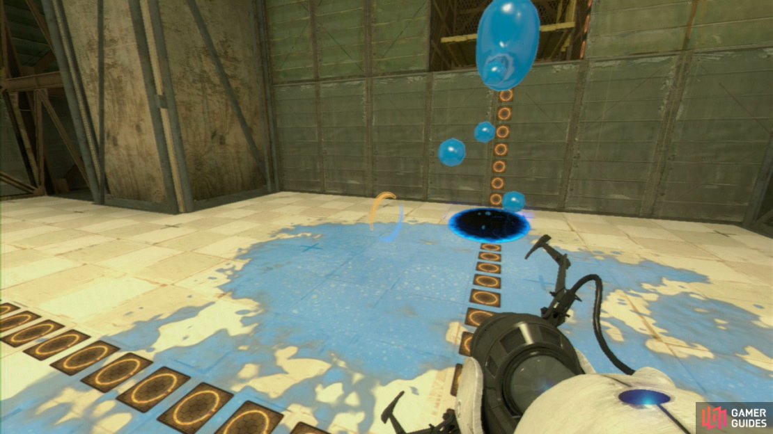 Leave the portal under the blue gel dispenser and set an exit portal on the floor just below the lift, don&rsquo;t forget to shift the portal&rsquo;s location so the blue gel coats the floor.