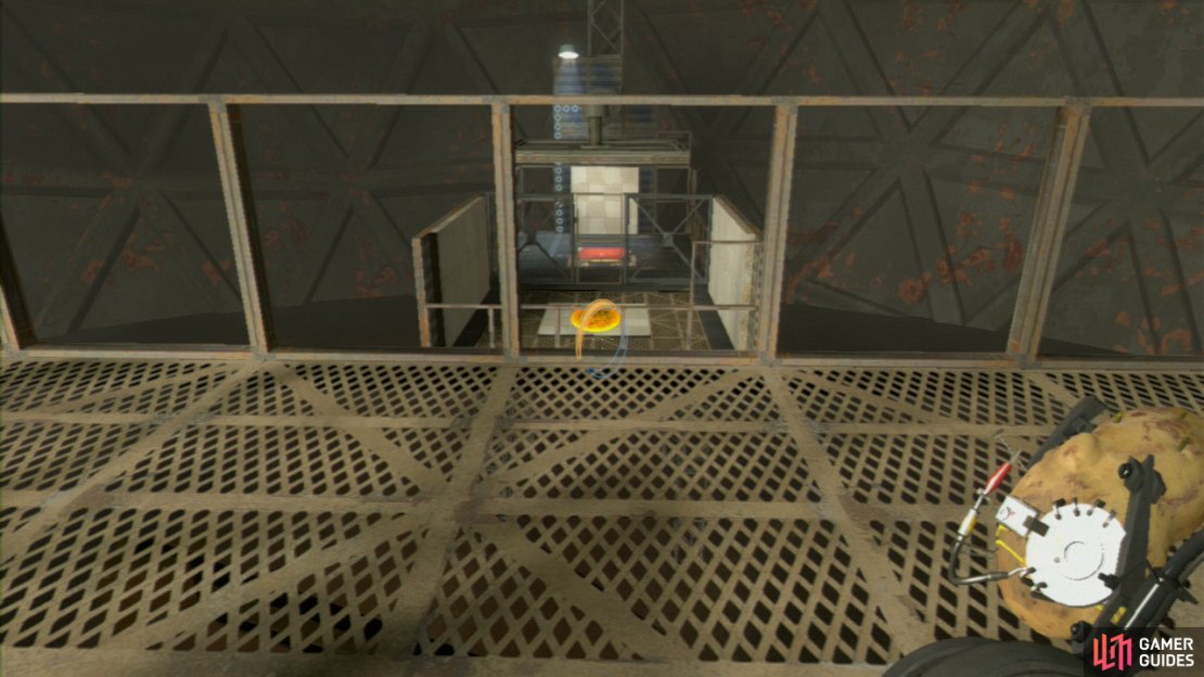 Walk down the stairs, hang a left and keep going forwards until you&rsquo;re peering over the edge and looking down at the platform with the red switch on it. Get a portal on the yellow/black coloured panel and then fire a portal under the blue gel dispenser.