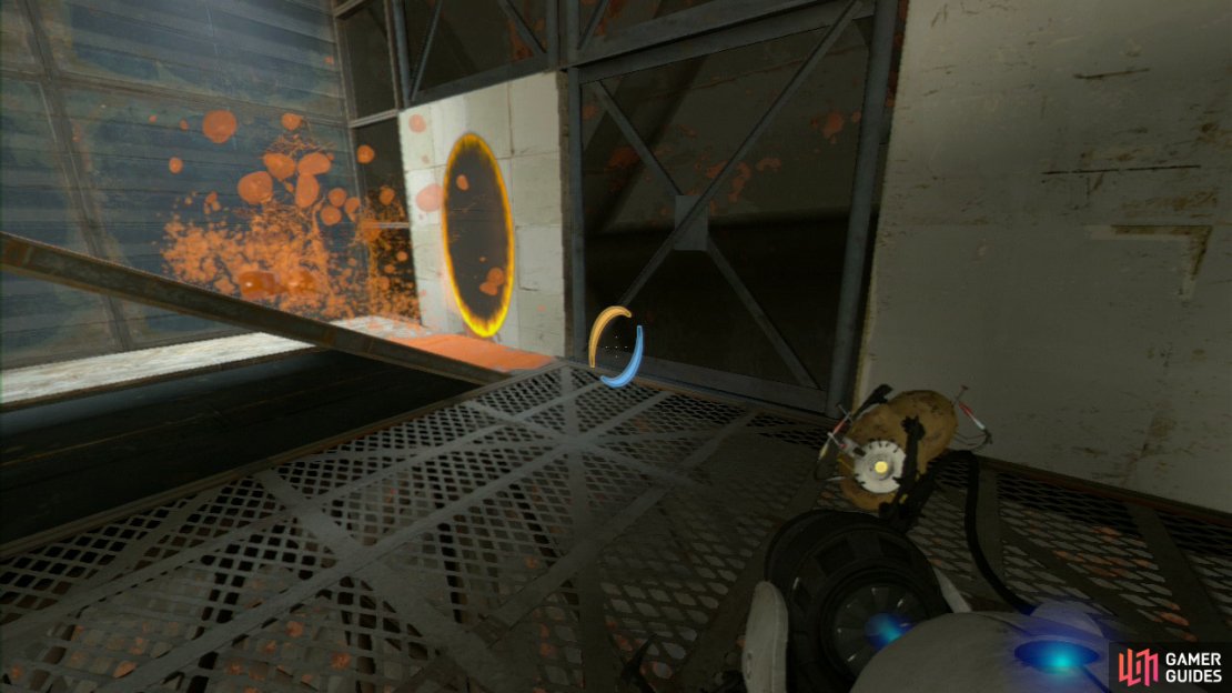 Note the ramp leading from the wall and get a portal on the wall facing the ramp. Now turn around to your right and set another portal on the panel under the orange gel dispenser. This&rsquo;ll coat the small ramp with orange gel.