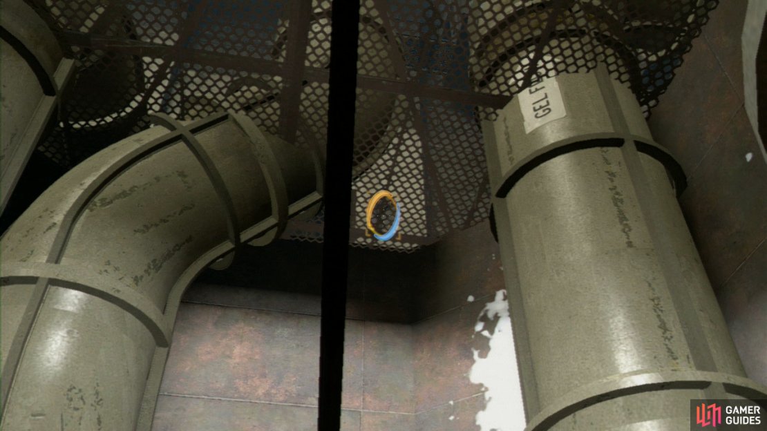 Turn around and zoom in past the grating and you should spot the familiar sight of a light-coloured wall. Get your second portal here and then drop through via the first portal just below you.