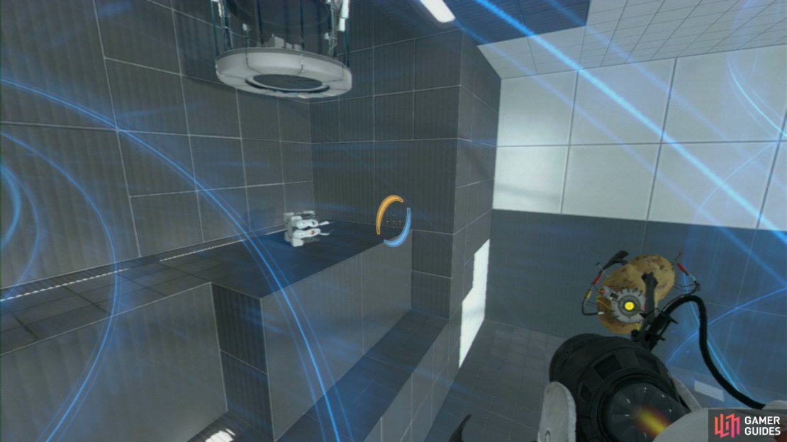 Look to your right now for the wall panel to the right of the two glass panels on the wall and get the exit beam coming through here (once you&rsquo;re by the edge of the wall). This&rsquo;ll push you over to the ledge holding the Experimental Cube.