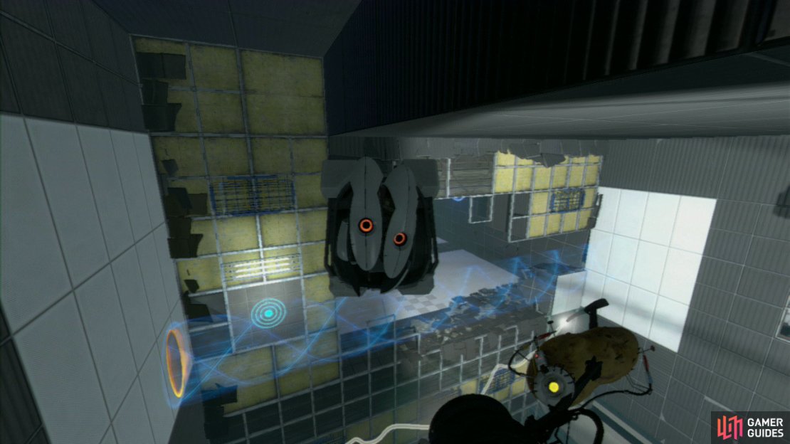 Once you&rsquo;ve got the Cube, set it down for a moment and fire your portal at the wall to the left of the light blue circles on the wall. This&rsquo;ll create a beam that&rsquo;ll carry you across the width of the chasm. Pick the Cube back up and stand on the jump plate to get flung into the beam.