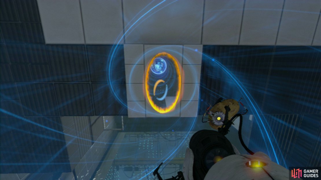 Once you&rsquo;re at the ceiling you need to place the final beam portal on the single square tile just below you (see screenshot above). This&rsquo;ll carry both you and the Cube over to the switch and the exit.