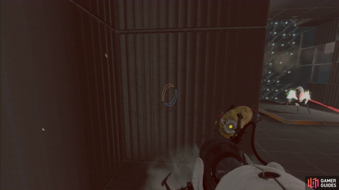 As soon as you enter the test chamber, go left and then turn left again where you&rsquo;ll spot a turret just up ahead. You need to quickly jump into the left-hand corner so you&rsquo;re out of the turret&rsquo;s line of sight.