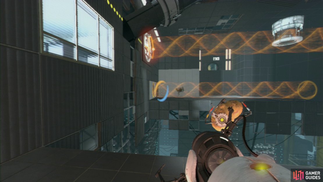 This&rsquo;ll cause the transport beam to pick the Cube up, now stand on the red switch and this&rsquo;ll reverse the transportation beams direction of travel. You&rsquo;ll notice it turning orange and that the Cube is now getting drawn towards the portal.