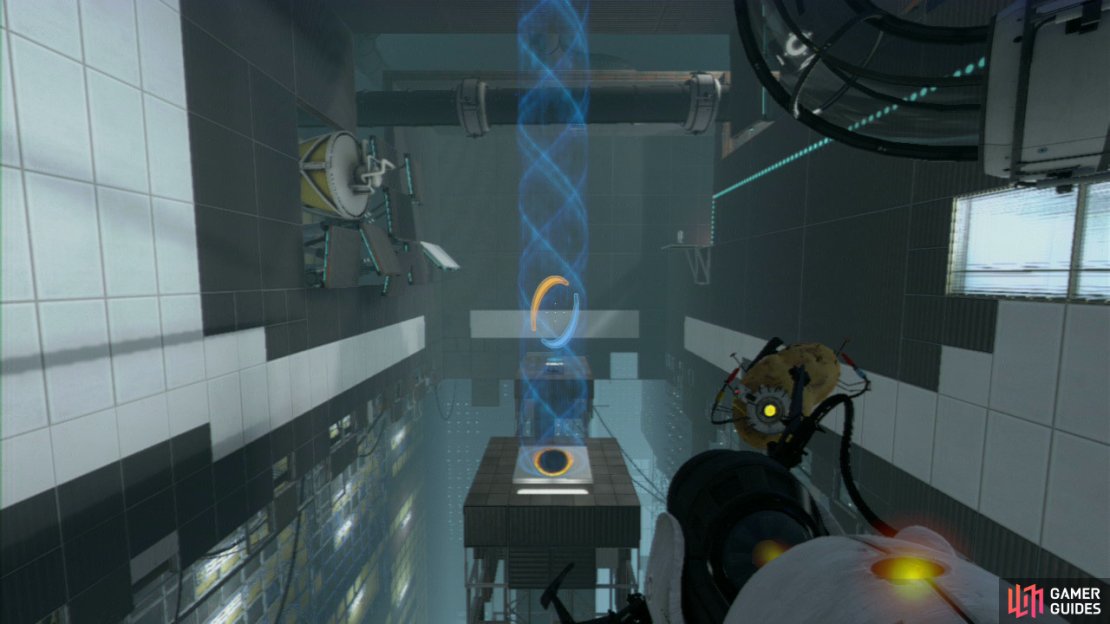 Look for the transportation beam above you and get the first portal on the chequered wall panel where the beam is hitting the wall. The second portal should then be placed on the central panel in the middle of the room. Now stand on the jump plate to get carried across to the beam.