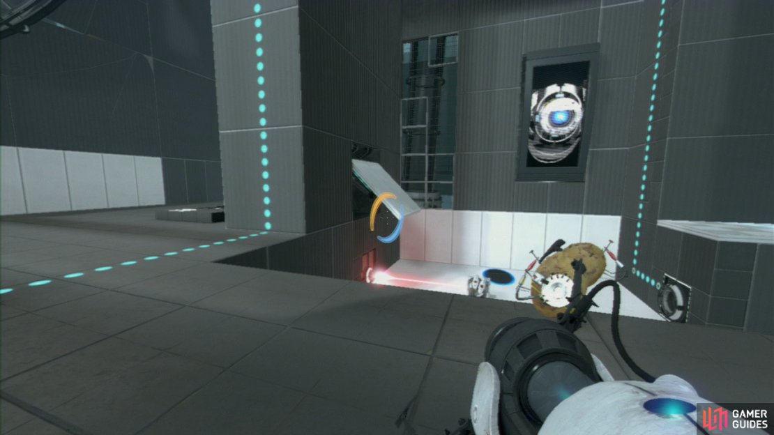 Stand over the edge near the drop (leading to the laser beam) and set a portal on the slanted wall to your left (making sure there&rsquo;s still a portal on the slanted wall on the top half of the chamber).