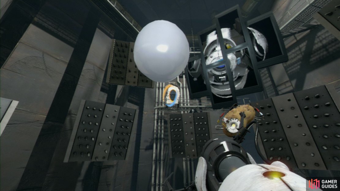 Once you&rsquo;re standing in front of your new nemesis, look for the slanted wall getting covered in white gel and the portion of uncovered wall just up ahead. Plant a portal up here and then when the white Conversion Gel lands by your feet, set your next portal underneath you, taking you out of harm&rsquo;s way.
