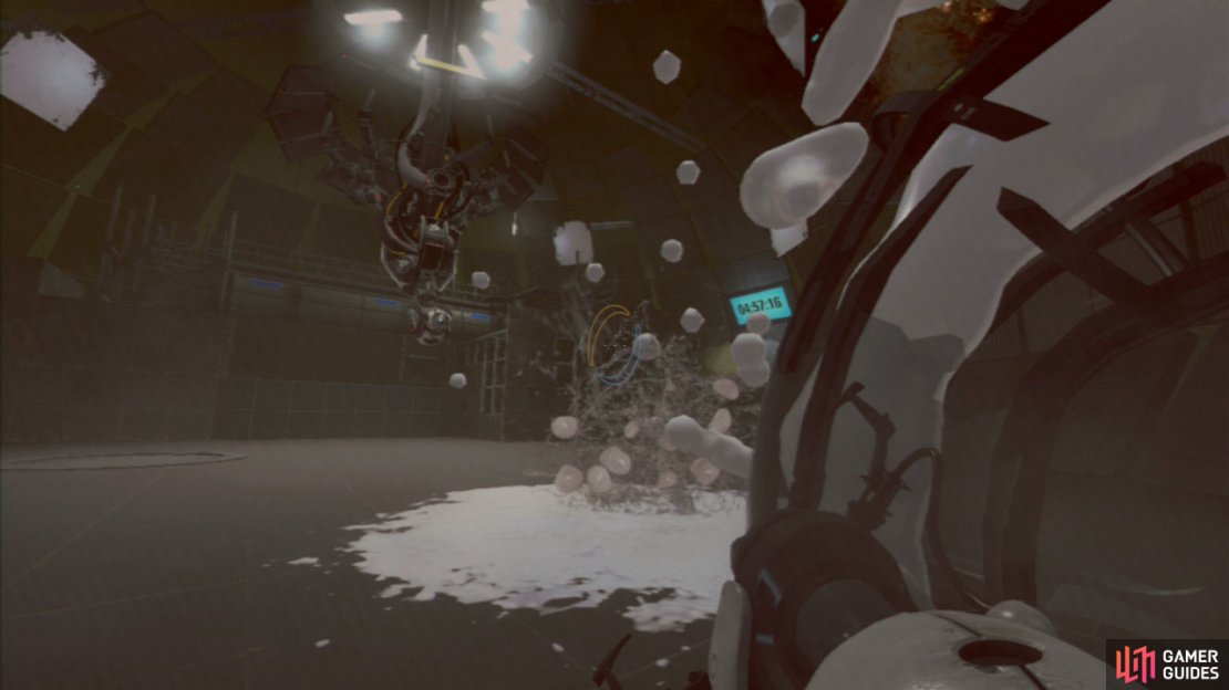 Stand behind the white Conversion Gel pipe as soon as Wheatley starts blabbering away. He&rsquo;ll soon throw some mines at you, which will shatter the pipe, coating the floor in Conversion Gel.