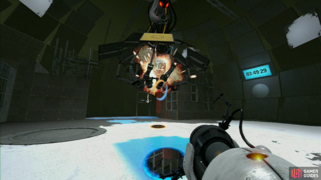 Leave the portal that&rsquo;s on the floor where it is and place the other portal directly under Wheatley now. Once again stand near the closest portal and Wheatley will throw the mines into the portal and this time you&rsquo;ll hit him from below.