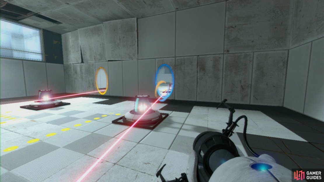 Now lay your first portal at the point where the beam touches the wall and then position the second portal so it&rsquo;s just to the left of the untouched &lsquo;cone&rsquo;.