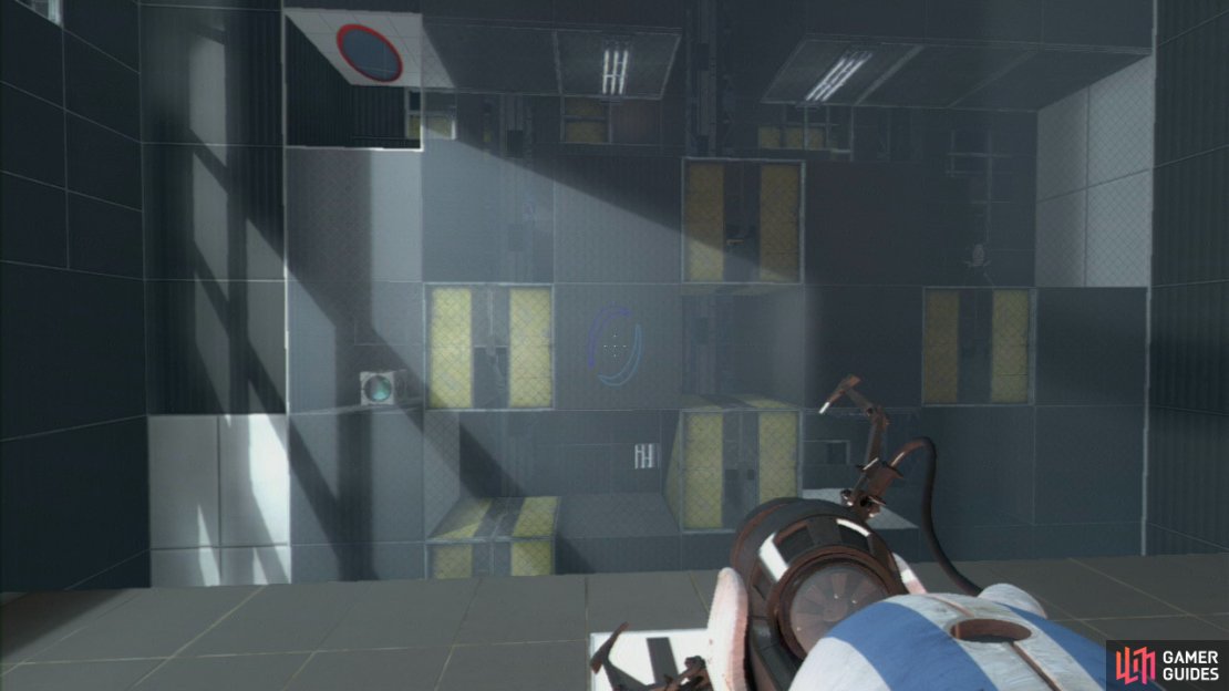 Player 1: Stand on the left-hand button once player 2 passes over the first yellow crate and approaches the second crate, this&rsquo;ll cause it to drop, opening up the path.