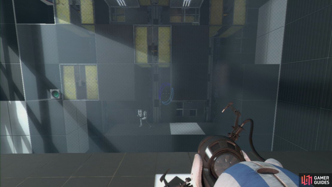 Player 1: Stand on the right-hand button now, raising the crate again and allowing player 2 to drop down onto the lower portion of the area. Now go stand on the left-hand button again to lower the left-hand crate.