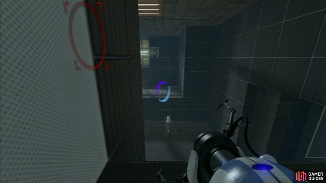 Player 1: As soon as you enter the test chamber, go to the panel on the floor to your left and set a portal here, and up on the wall to your left. You&rsquo;ll now be standing on the platform up here.