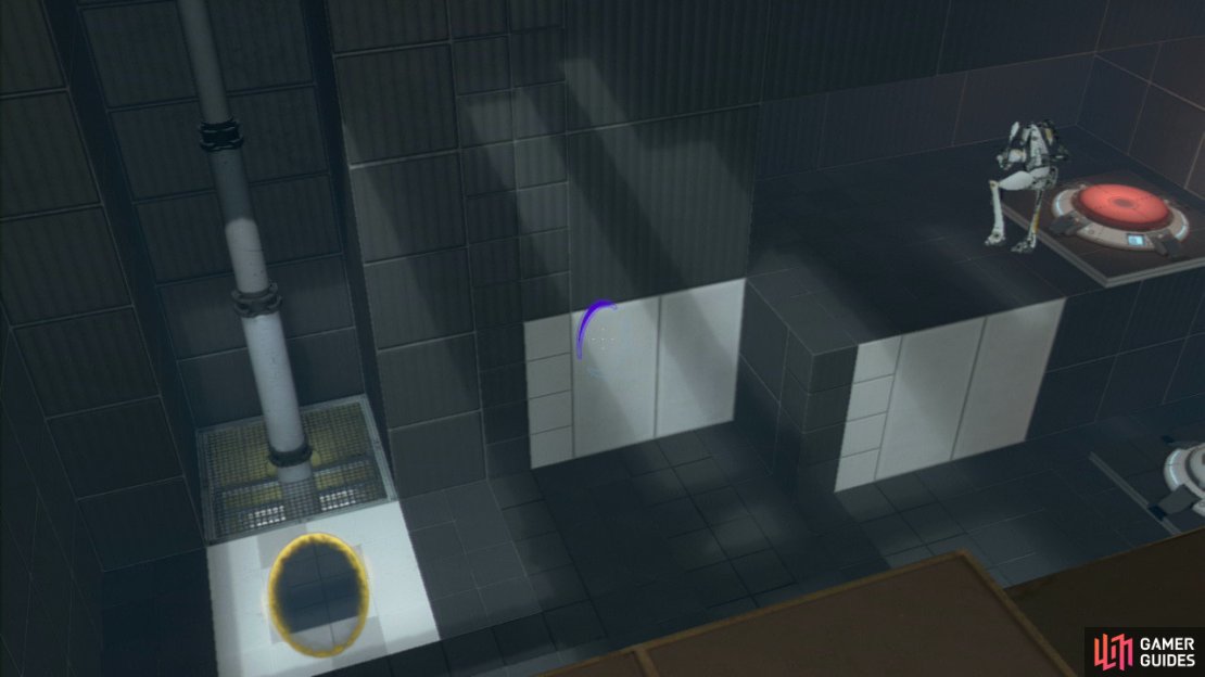 Player 2: Get yourself up onto the platform where player 1 was originally and then set a portal down below you and then on the vertical wall to your left (near the ledge where player 1 is). Fall through and you&rsquo;ll land beside another red switch. Stand on it and by doing so, you&rsquo;ll both release the ball from the chute. Drop it in the lock below you to open the exit!