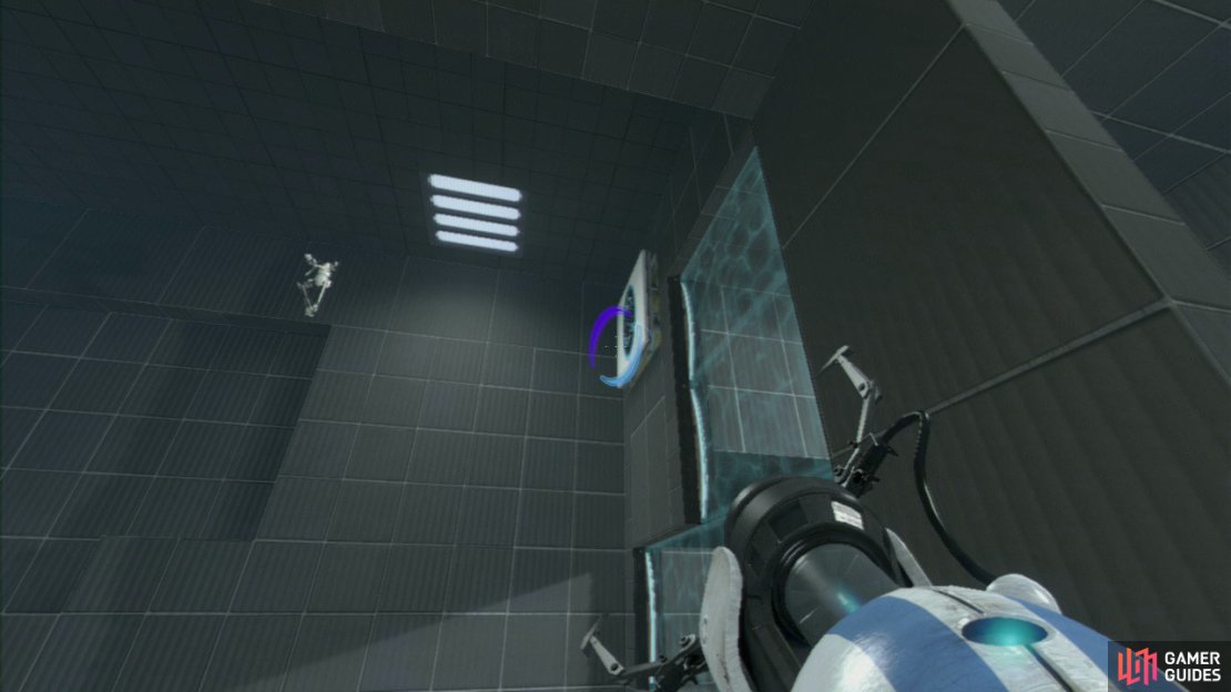 Player 1: Like in the last test chamber, this is all about using the speed generated by an &lsquo;infinite loop&rsquo; of portals. So set your entrance portal and exit portal on the horizontal panels in the upper corner.  Once player 2 is gaining terminal velocity, walk to your left and look up in the top right-hand corner by the wall. There&rsquo;s a vertical wall panel up here that you need to fire your EXIT portal on, causing player 2 to travel all the way over to the other side (across the chasm).