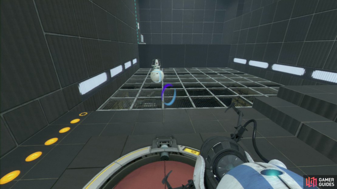 Player 1: Wait until player 2 has crossed the bridge fully before stepping off the red switch. Now get a portal on the nearby wall and one up on the wall leading near the entrance/exit.  Both of you should step through and the weight needs to be dropped in it&rsquo;s appropriate place to open up the exit.