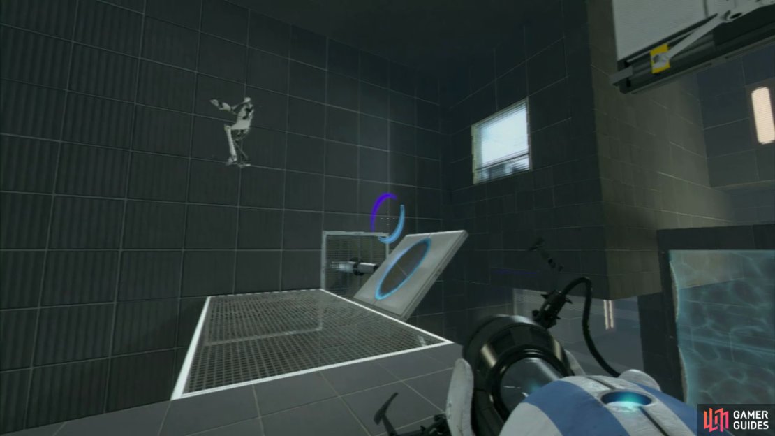 Once player 2 has landed by the entrance to part 3, drop down into the portal on the slanted wall panel and you&rsquo;ll land on the Arial Faith Plate, sending you up to player 2 and the final part of this test chamber.