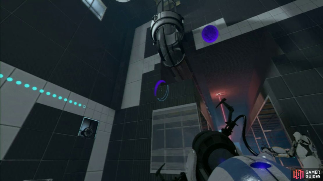 Player 1: Upon entering, look up and to your right for the gel funnel rising into the roof. There&rsquo;s a chequered panel to the right of it. You want to get your first portal on this chequered area.