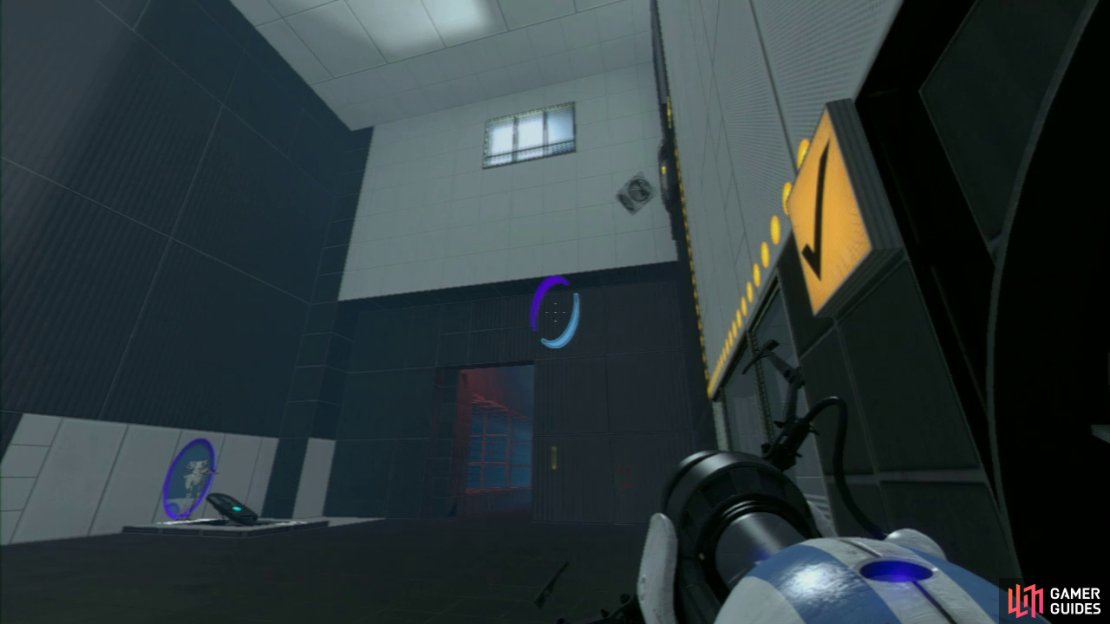 Player 2: Drop the Cube onto the Faith Plate (preferably with a bit of gusto) and it should have enough height to hit the red switch on the wall up above you (if it doesn&rsquo;t, you need to keep trying until it does). Once the Cube hits the switch, the door beside player 1 will open for a very short period of time, so step back through the portal and head to the exit along with player 1!