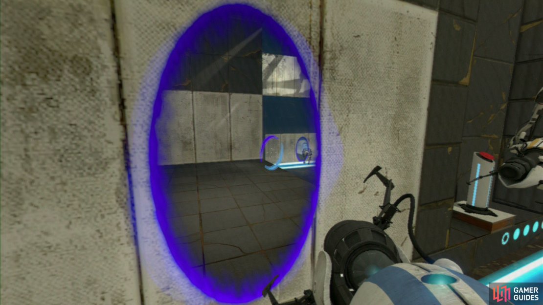 Player 1: Place a portal on either of the walls to your side, then fire a portal onto the wall right beside the red plunger that&rsquo;s beside the permanent light bridge. Ask player 2 to join you on the light bridge and get yourself ready for the next part.