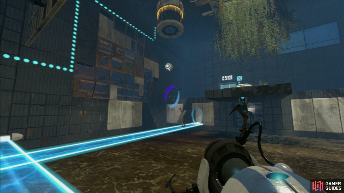 Player 1: Turn to your right and make sure you fire a portal at the end of the light bridge where the wall is, then get your second portal on the 2-piece wall panel that&rsquo;s located opposite the funnel that drops the weighted ball.