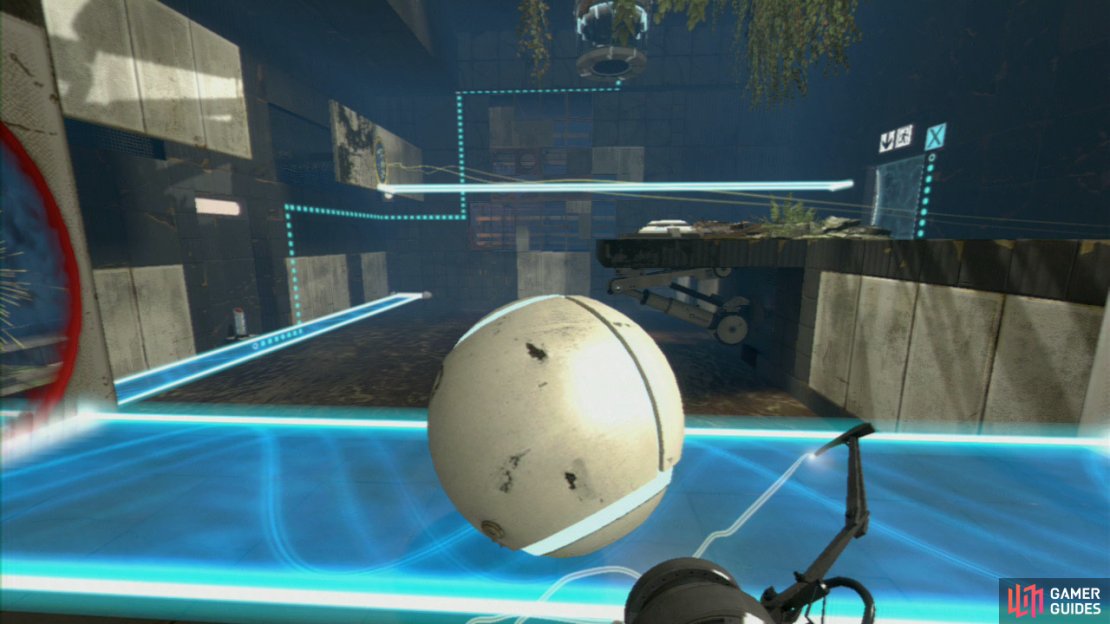 Player 2: Pass the weighted ball to player 1, then place a portal on the wall ahead of you then set a second portal on the overhanging wall panels nearer the ceiling. This will create a light bridge that&rsquo;ll take you right across the water, towards the exit.