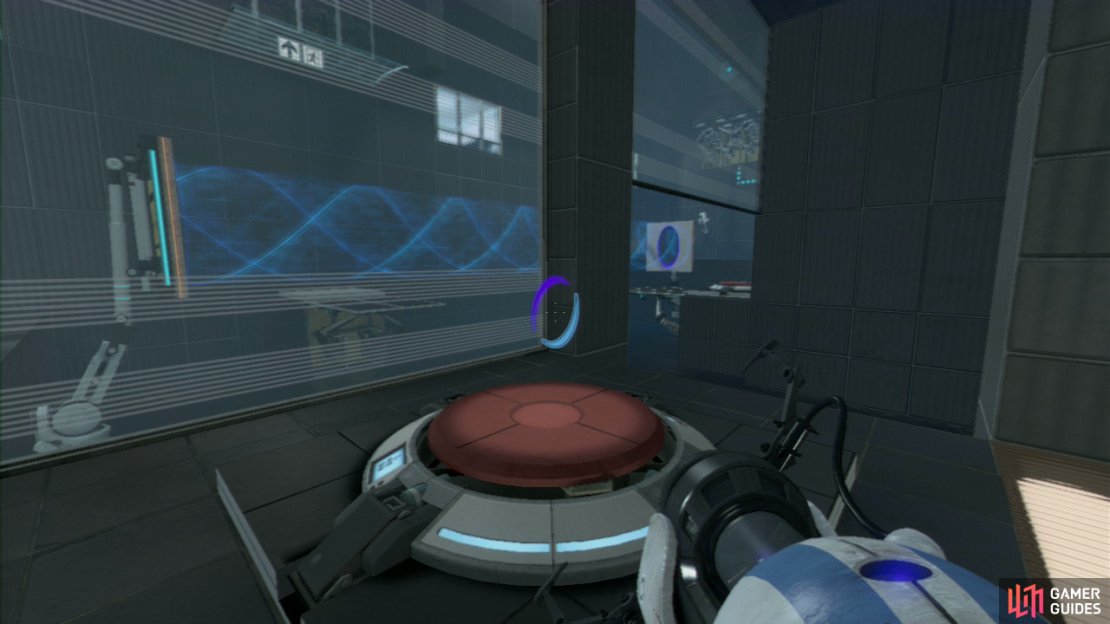 Player 1: Once you start the latest chamber, hang a right and proceed through the force field, now look up at the wall panel (up above the red button) and set your first portal here. Now edge forwards and to the right a bit so you spot the vertical wall panel closest to the back of the room. Get your second portal here and now stand on the red button beside you to trigger the excursion funnel (that&rsquo;ll also now appear in the middle of the room).