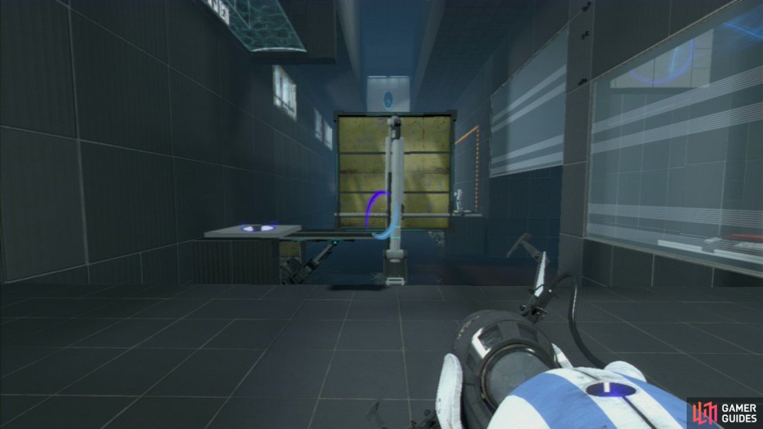 Player 1: Walk back out into the main area of the chamber and look up at the far wall at the other end, there will now be an area available that you can set a portal on. Now look to your left and where player 2 had the vertical funnel, set your exit portal on this very same horizontal panel. Step on the Arial Faith Plate and you&rsquo;ll find yourself soaring up through the force field above you.