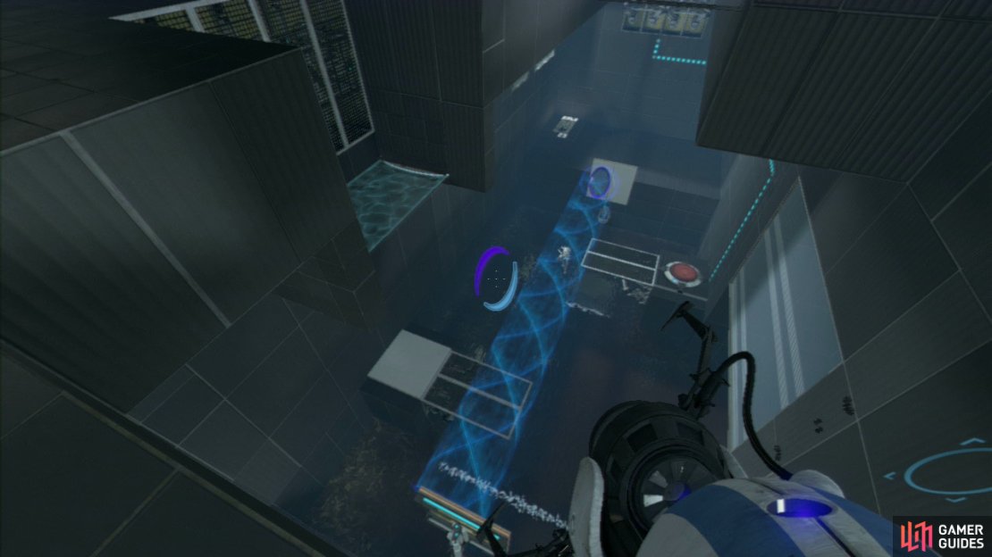 Once you&rsquo;re safely on the upper level, move off the ledge and walk over to the top-left corner of the area and you&rsquo;ll be overlooking the excursion funnel device below. Set a portal back on the wall where the funnel hits and then peer over the ledge that overlooks the main area. Reset a portal back on the vertical panel that&rsquo;s beside player 2 (to create a funnel taking them back over to the ledge underneath the force field). Once they&rsquo;re there, set an exit portal underneath them so the funnel carries them up towards the exit.