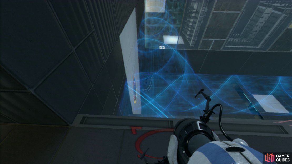 Player 2: Make your way over to the edge of the metal ledge and look to the wall on your left (where the Excursion Funnel is hitting), and you want your first portal on the funnel&rsquo;s point of impact and then on the wall panel to the left, this&rsquo;ll create a funnel that leads into the spike-ridden obstacle course.