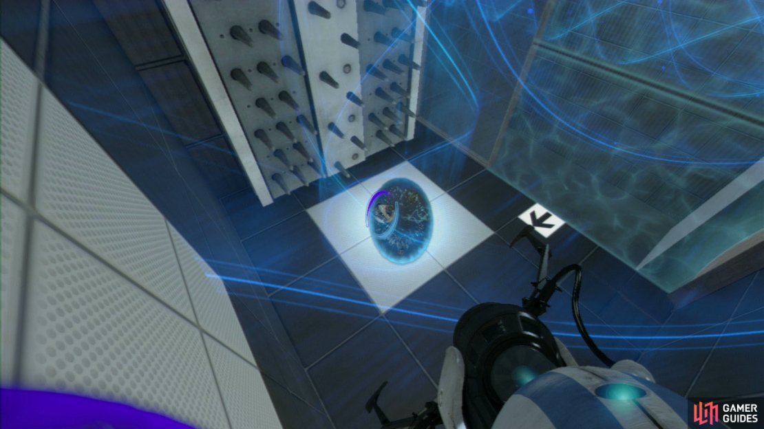 Player 1: Jump into the funnel and once you pass through the force field, set a portal on the wall in front of you and then on the panel on the floor. Once you reach the top you need to be in constant communication to get through the rest of the course (so this is where you&rsquo;ll both preferably have access to a headset).