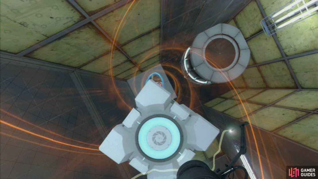Player 1: Drop the Cube momentarily and look directly up at the ceiling, set your funnel up here and then ask your buddy to stand back on the button again. This&rsquo;ll pull you up towards the ceiling and right out across the spike pit. Just before you go through the next portal in front of you, step out of the funnel to the ledge on your left.   Player 1:  Get your friend to come to the edge of the platform above and hold your Companion Cube up, as they aim down, you should jump up and release the Cube as player 2 grabs it from you.