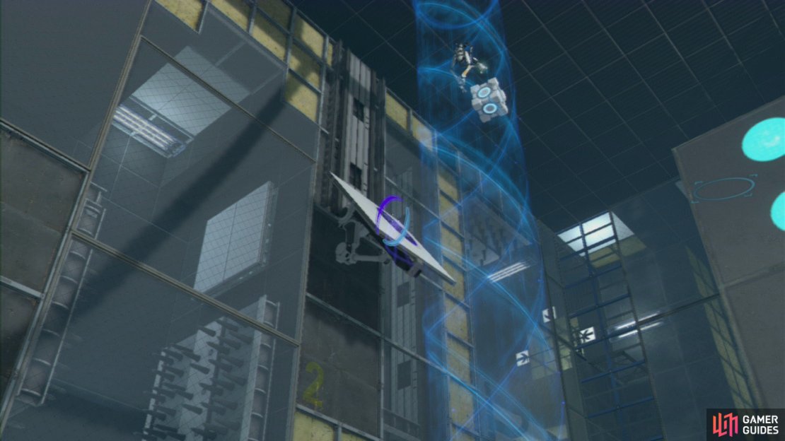 Player 2: Set the Cube down for a moment and peer over the ledge in front of you, set your funnel exit portal on the single square panel on the floor, creating an excursion funnel that&rsquo;s extending to the ceiling in front of you.  Player 1: As soon as your Cube carrying buddy reaches the top, place a portal on the angled wall panel on the left and then aim at the ground panel directly below player 2. Fire your second portal and your colleague will drop down and take the Cube directly across to the exit.