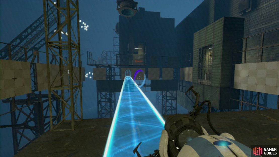 Player 1: Immediately upon enter the test chamber properly, take a left and you should spot the light bridge. Get a portal on the wall here and then get your second portal on the left-most panel located just under the &lsquo;EXIT&rsquo; writing painted on the wall in the distance, creating a bridge extending all the way across.