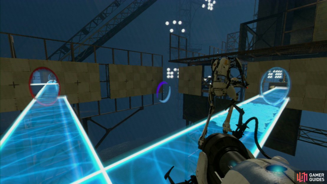 Player 1: Press the red button and &ndash; as long as you placed your light bridge correctly &ndash; repulsion gel will land on the bridge, allowing you both to jump up to the other side and onto part 2 of the chamber.